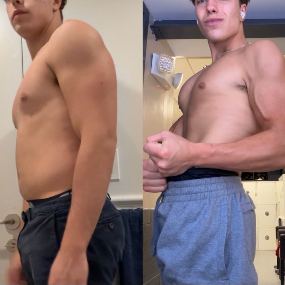 Client James before and after in side profile: tighter midsection, bigger arms.