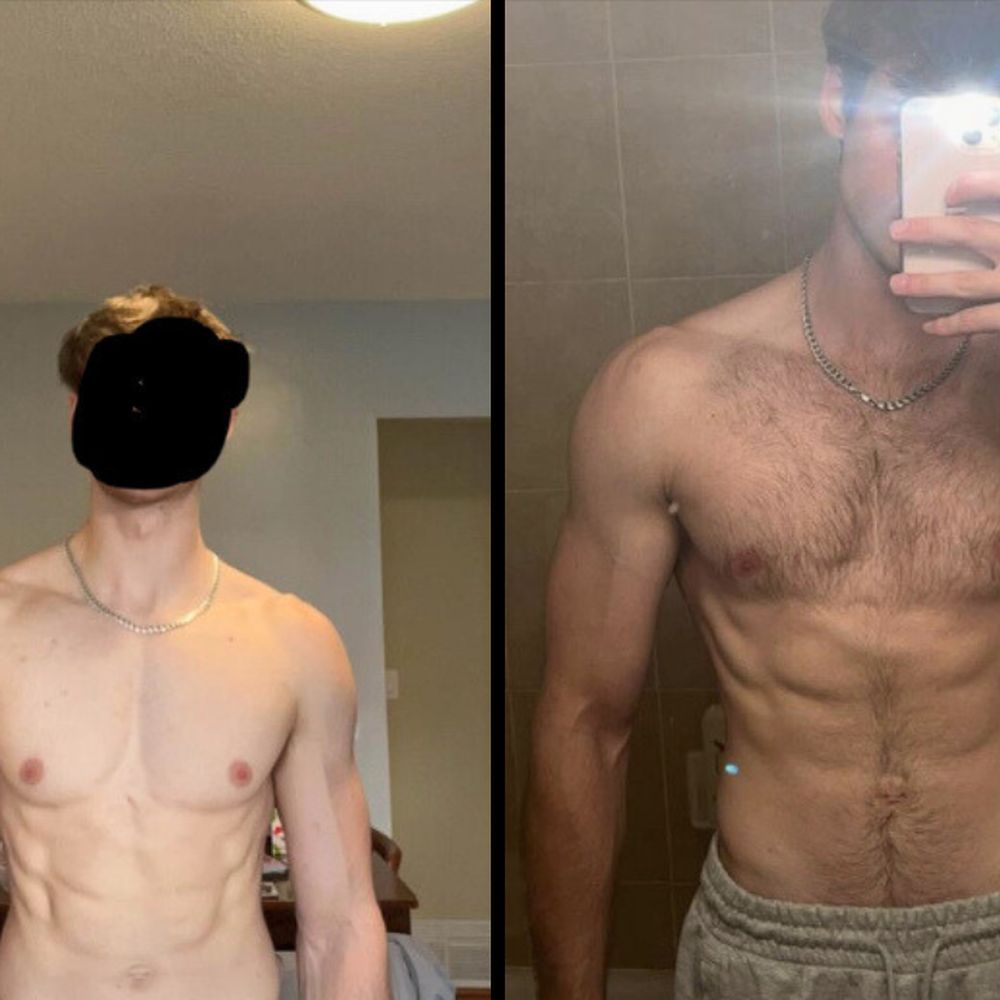 Client Nick before and after: fuller chest and arms with visible abs.