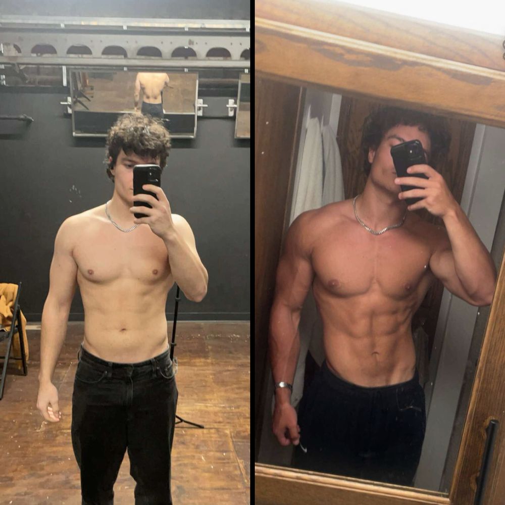 Client Tristan before and after 14 weeks: visibly leaner and more muscular.