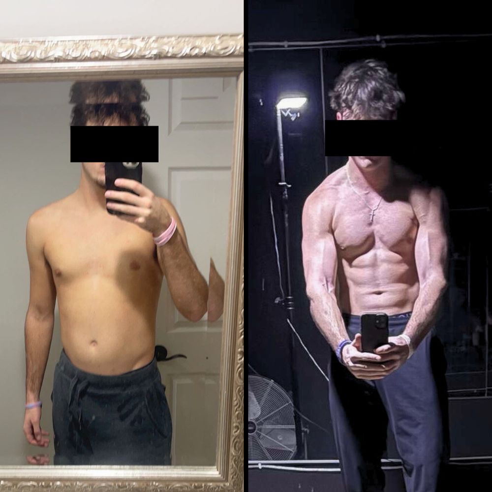 Client Walker before and after: visible abs and defined shoulders.